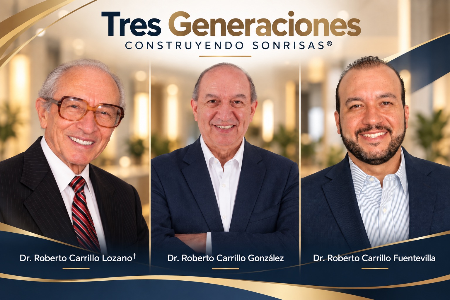 Tres generaciones de ortodoncistas: Dr. Roberto Carrillo Lozano, Dr. Roberto Carrillo González y Dr. Roberto Carrillo Fuentevilla